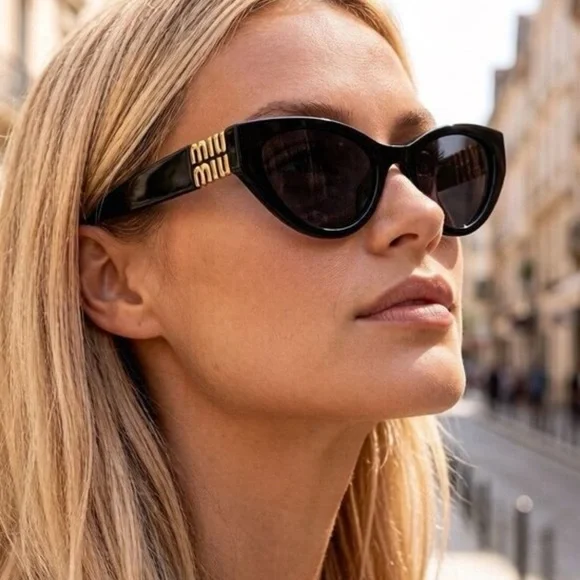 Miu Miu Black Cat-Eye Sunglasses with Gold Temple Detail - Picture 5 of 5